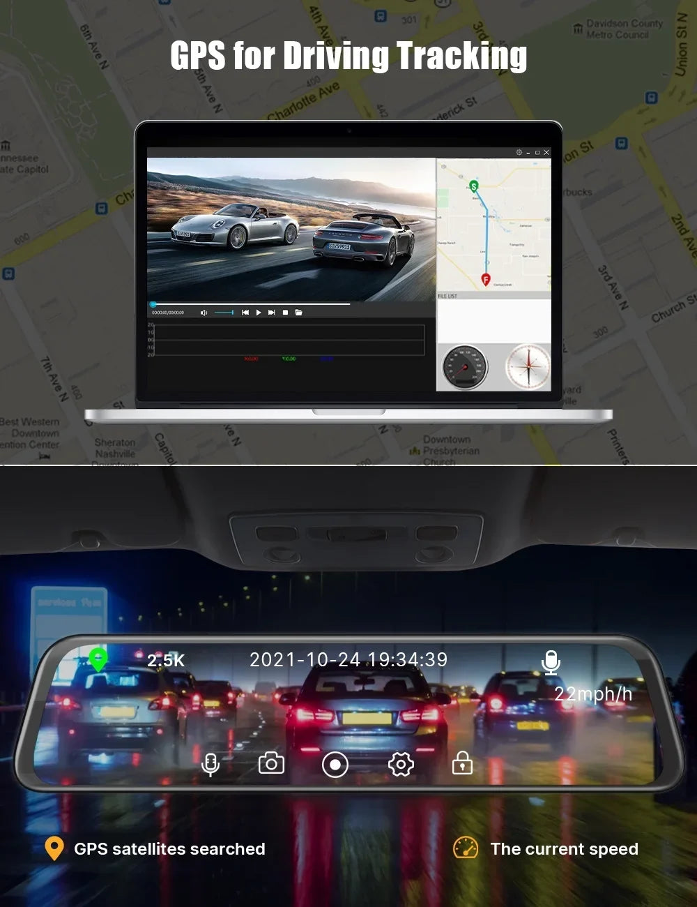 with Vision Rear Control Cam 2.5K Waterproof Voice GPS, Cam Screen, Backup Front Mirror and 12" TOGUARD w/Anti-Glare, Touch Dash Lock, with Wireless Mirror View Rear Parki Camera, Emergency Night Dash