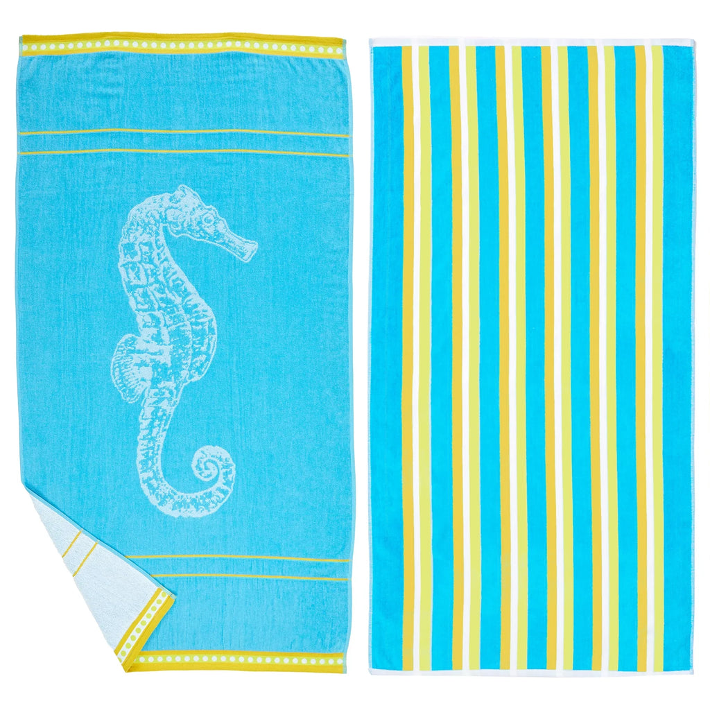 / Beach x 60", Home Great Towel Printed 30" Seahorse (2 Blue Cotton 2-Pack Pack Yellow) - Bay