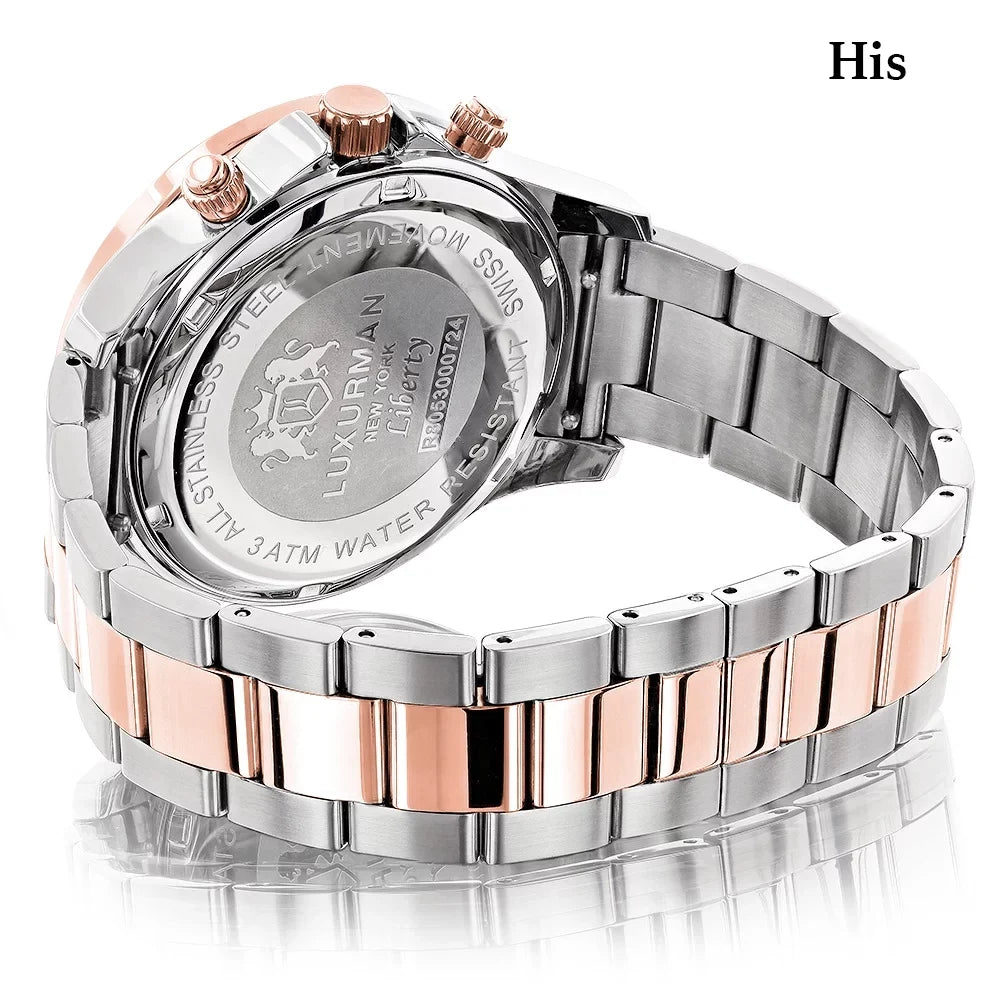 Swiss Watches: Set Matching White 18k 1.7ct Mvt & Gold and Diamond Plated His Rose Watch Hers