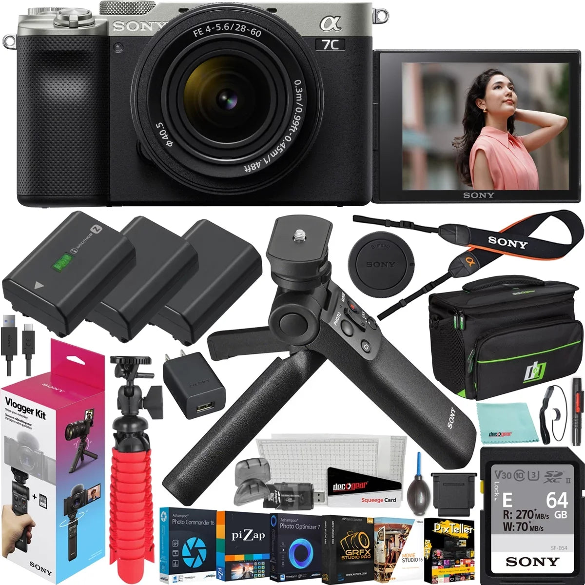 Vlogger Kit Accessories Remote Full Gear Mirrorless F4-5.6 GP-VPT2BT Battery 28-60mm 2x Bundle ILCE7CL/S with ACCVC1: Bag + Body & + Shooting Grip Frame w. + Silver Wireless a7C Deco Camera Lens