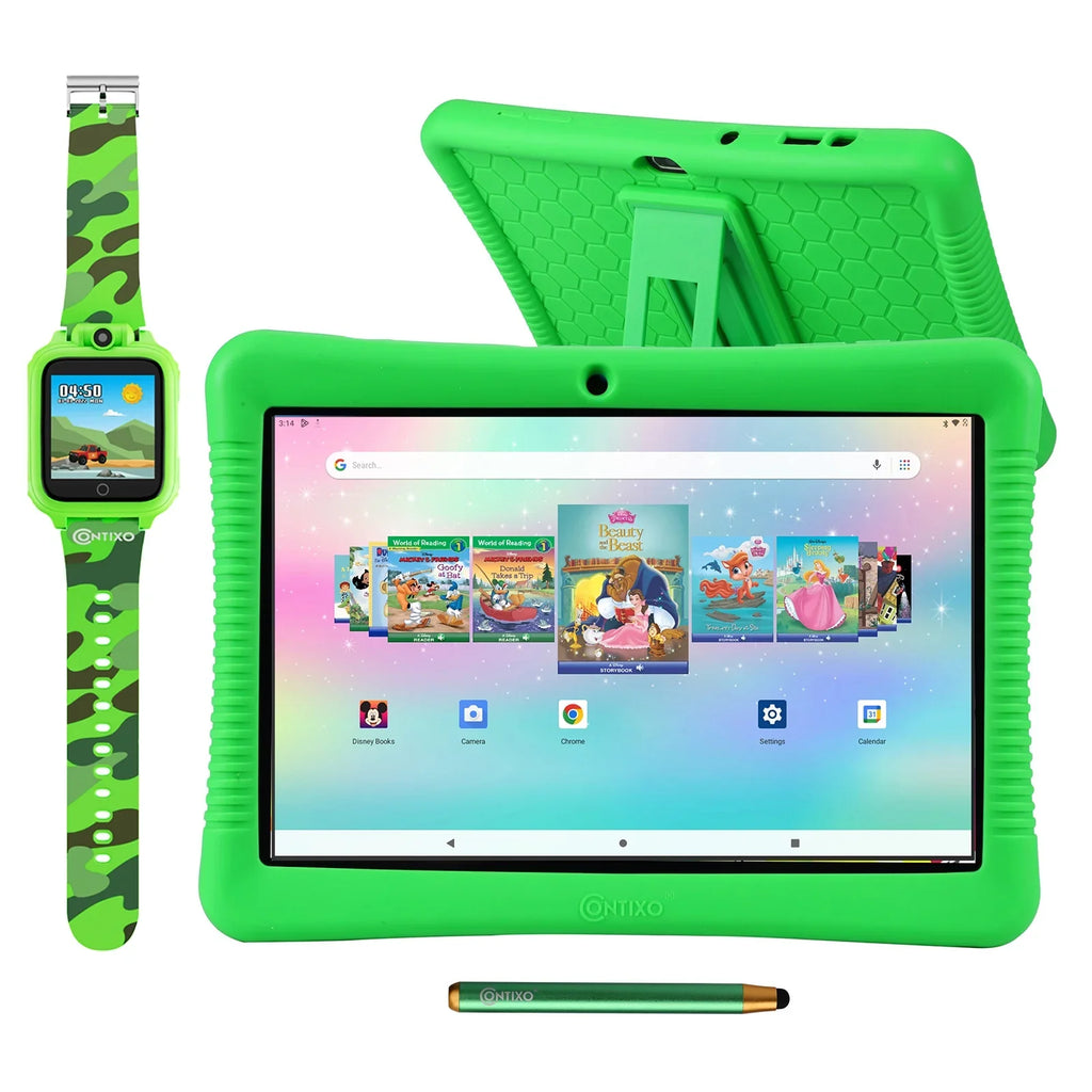 Stickers Case Model) & Kids with Smart (Value Storybooks Bundle Disney Tablet Kid-Proof Kickstand 64GB, and Android 80+ Green & Watch Includes 10" Contixo (2023 $400), Stylus, -