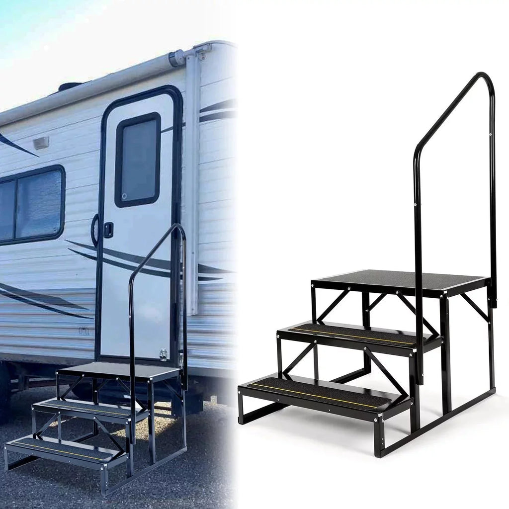 Rail W/ Hand-railing Steps for Trailer HECASA Steel Camper Armrest 3 Side Travel Load Trailer Stairs Universal RV Hand