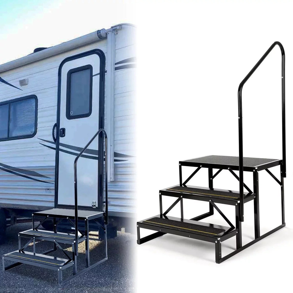 Rail W/ Hand-railing Steps for Trailer HECASA Steel Camper Armrest 3 Side Travel Load Trailer Stairs Universal RV Hand