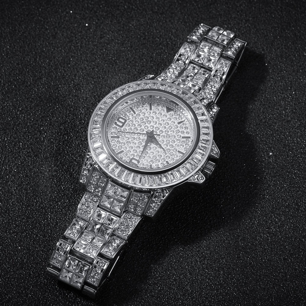 Bling Quartz Finish Adjustable Hop Band Stainless dimension Hip Luxury Diamond Rapper Fully Iced Men Watch Out Steel Custom White Simulated Gold