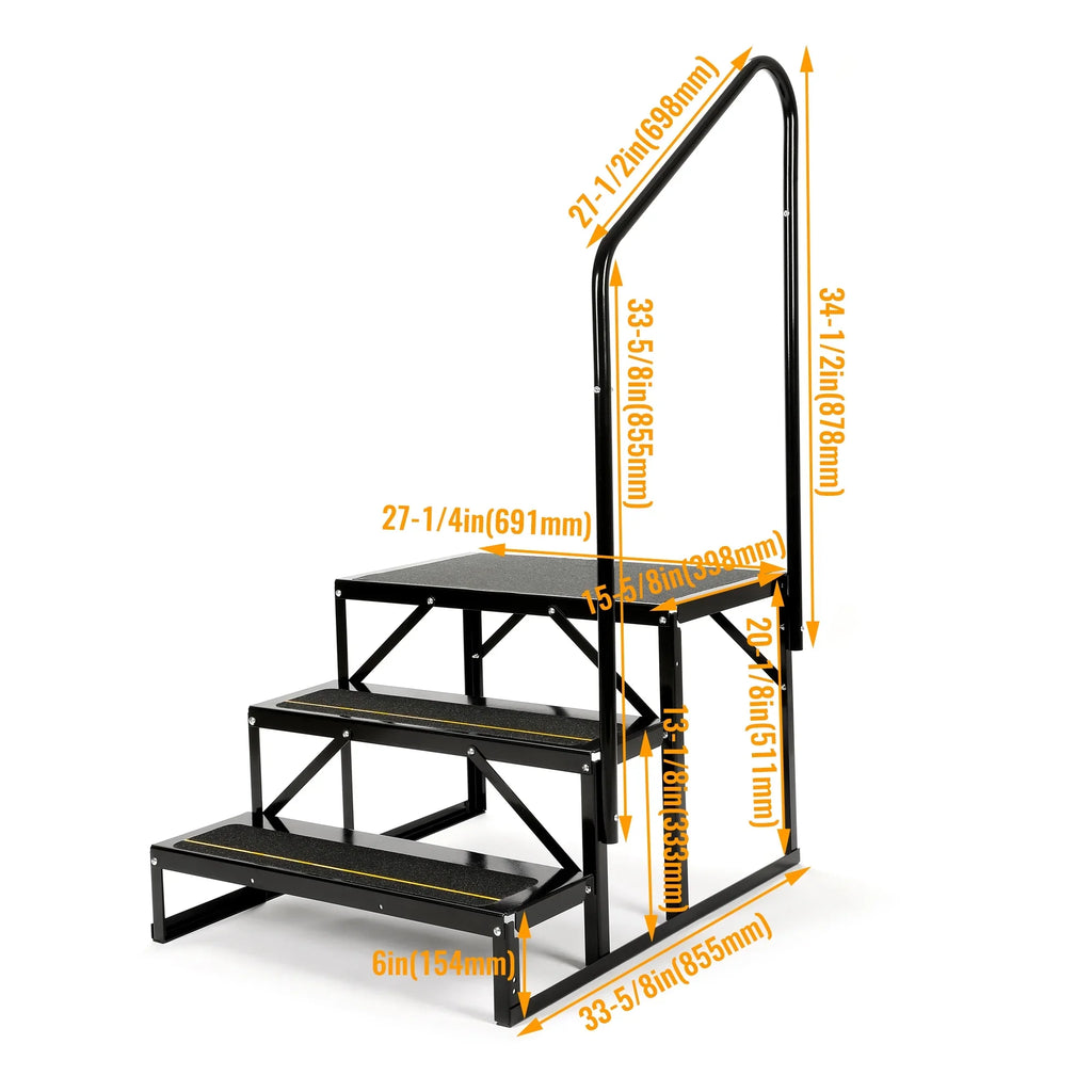 Rail W/ Hand-railing Steps for Trailer HECASA Steel Camper Armrest 3 Side Travel Load Trailer Stairs Universal RV Hand