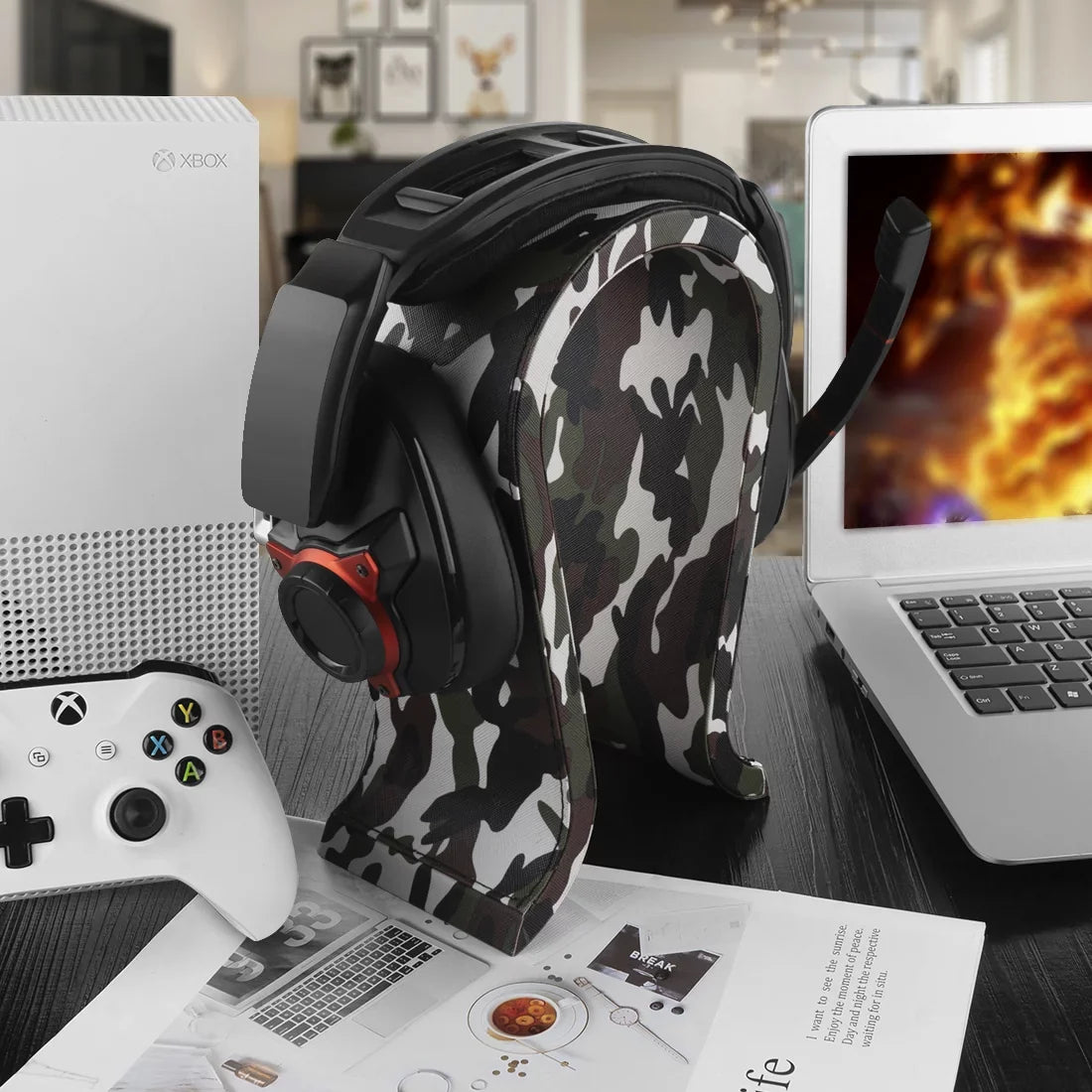 Gaming Display Omega Wooden for Stand, Razer, Hanger Headphone Beach, Geekria Desk PS5 Hyperx, Turtle Headphones, Leather Vegan JBL, Stand (Camo) Over-Ear Sennheiser, with Compatible Headset