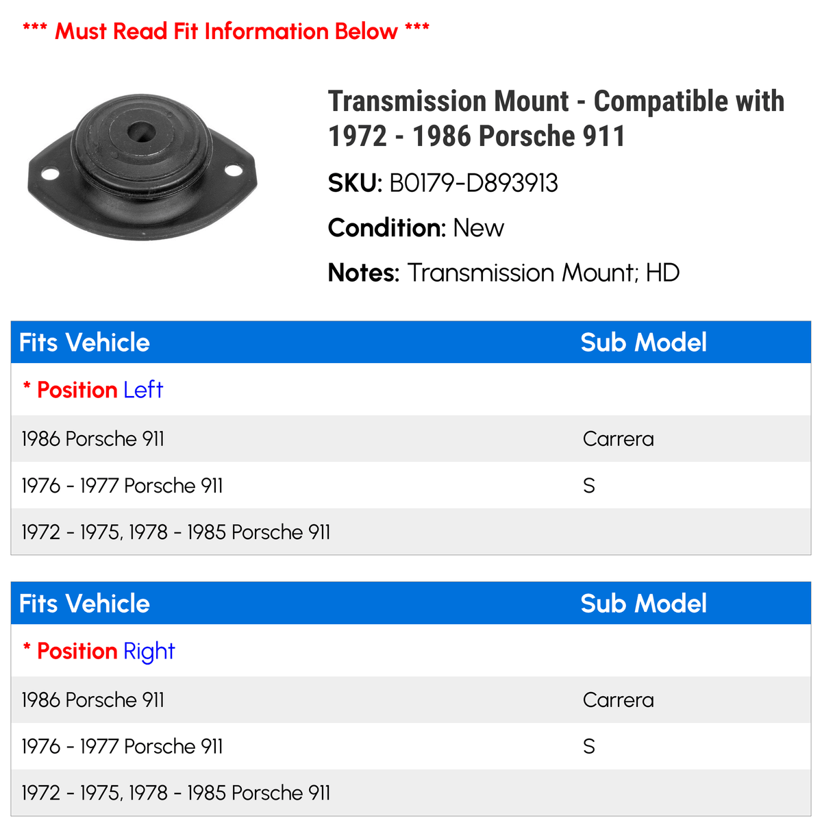 Porsche 1978 1985 1984 1975 with Transmission 1979 Compatible 1986 - - 1980 Mount 911 1981 1972 1977 1976 1983 1973 1982 1974