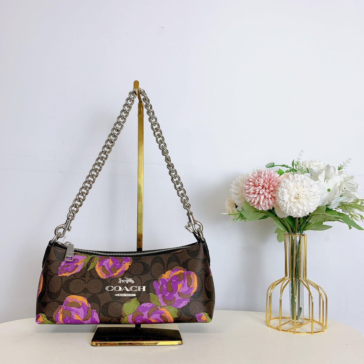 CL406 Multi Signature In Print Rose Brown Coach Iris Charlotte IN Canvas Shoulder Bag With