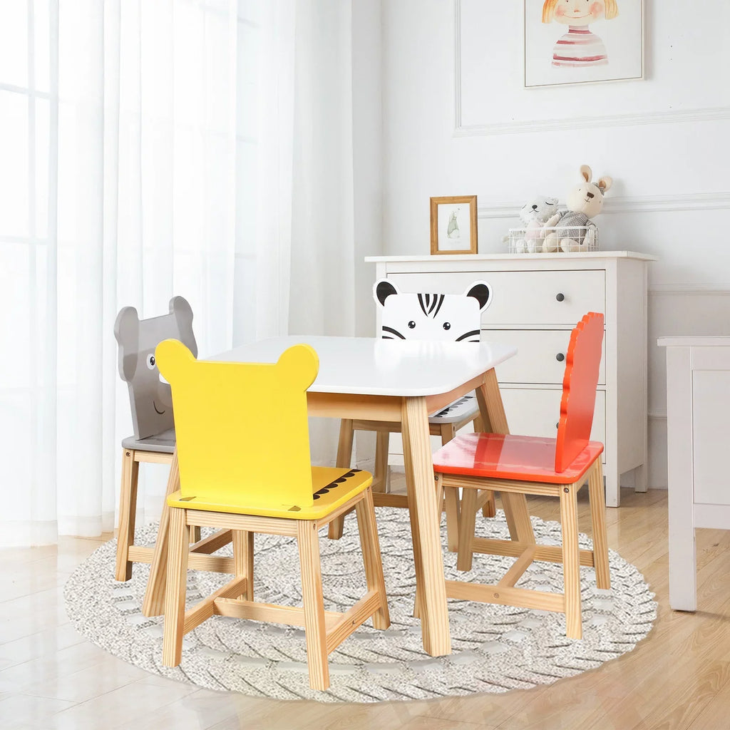 5 Drawing with Kids Table White Chairs Learning Table Set 4 and Cartoon Playing for Crafts Kids Set Wood Table Chair Toddler Animals Piece
