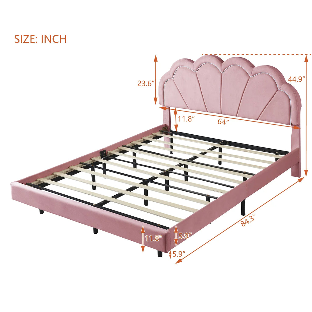Wooden with Slats Velvet LED Queen Bed with Bed Upholstered Flowers LED Platform Smart CoSoTower Elegant Frame Headboard,Floating Support,Pink