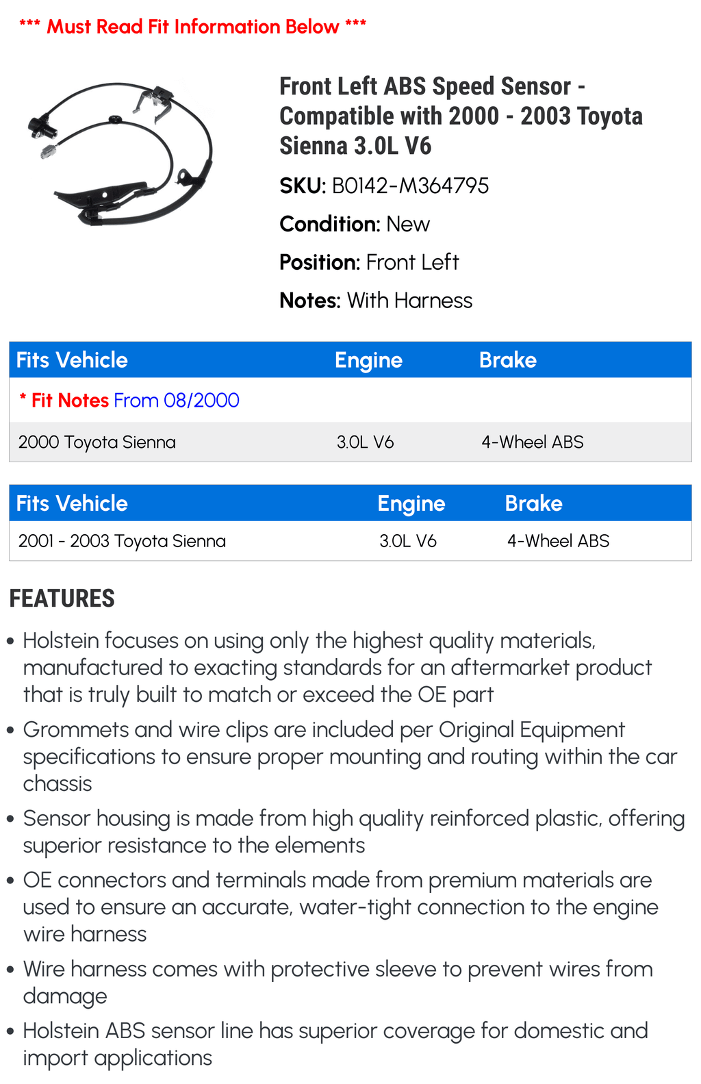 3.0L 2001 2003 Front 2002 Compatible - ABS 2000 Sensor Speed with Sienna - V6 Left
