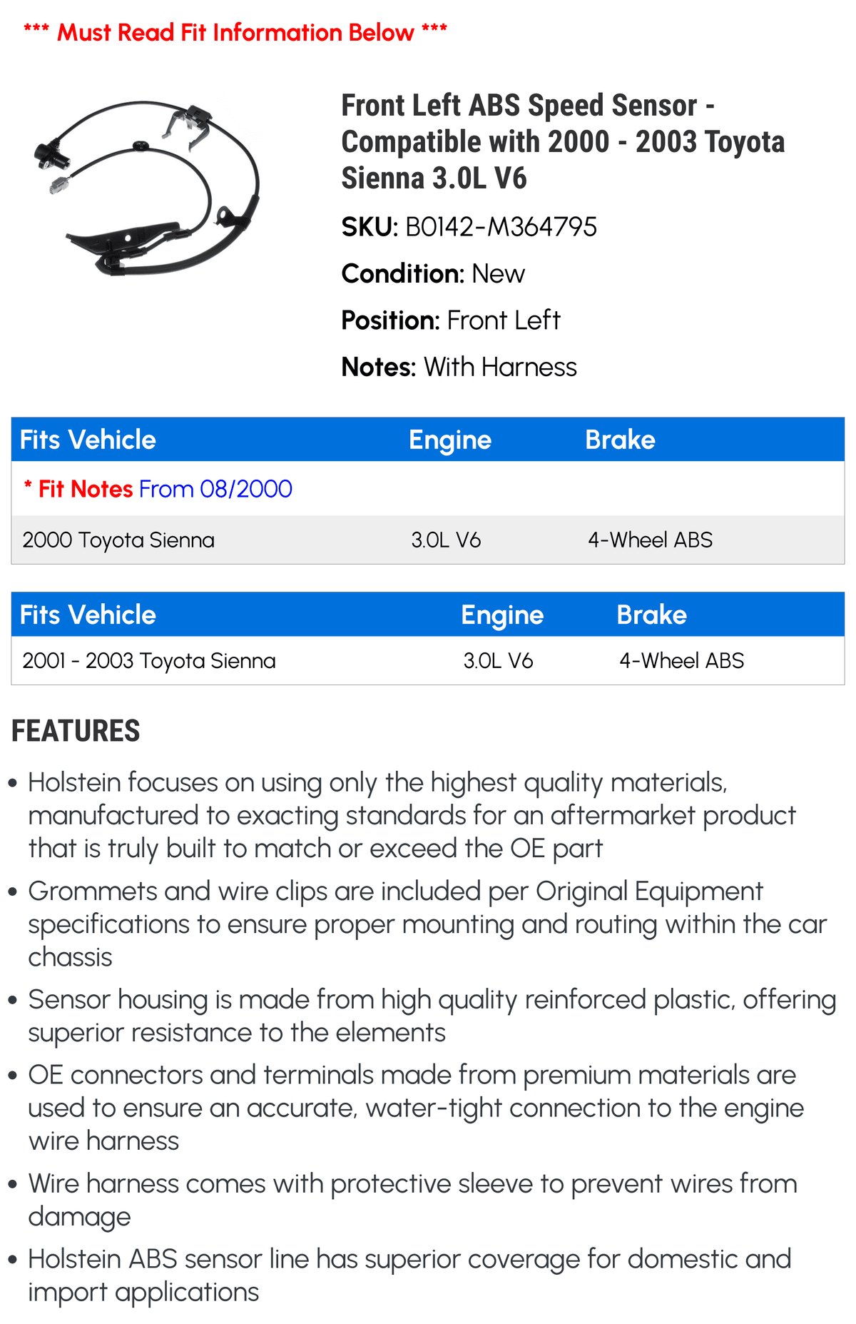 3.0L 2001 2003 Front 2002 Compatible - ABS 2000 Sensor Speed with Sienna - V6 Left