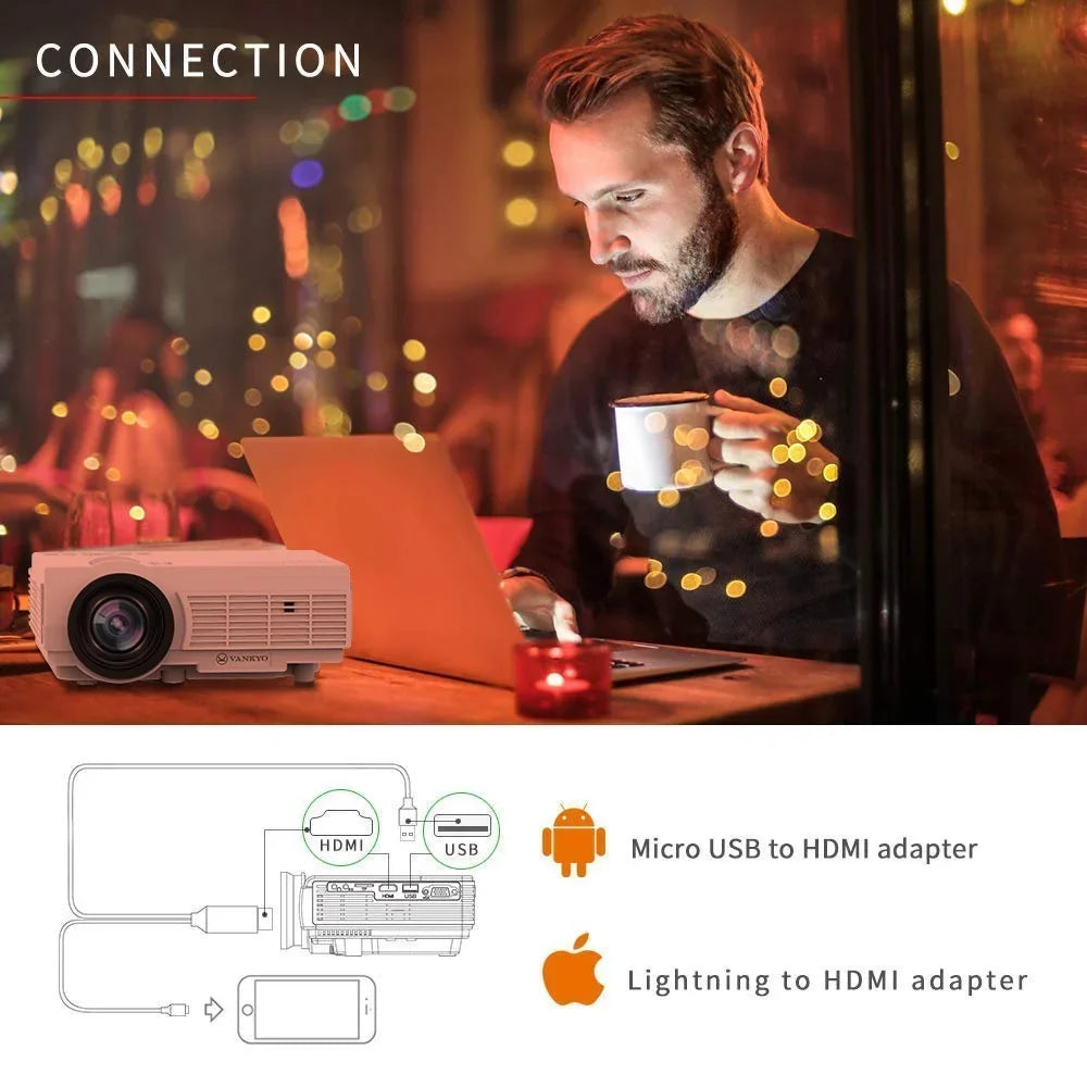 HDMI, 200'' PS4, Supported TF, Portable Display, VANKYO Compatible Support 65000 Projector TV USB Hours (White) 1080P AV Stick, Projector Life, and with Leisure Lamp with 3 Mini LED VGA,