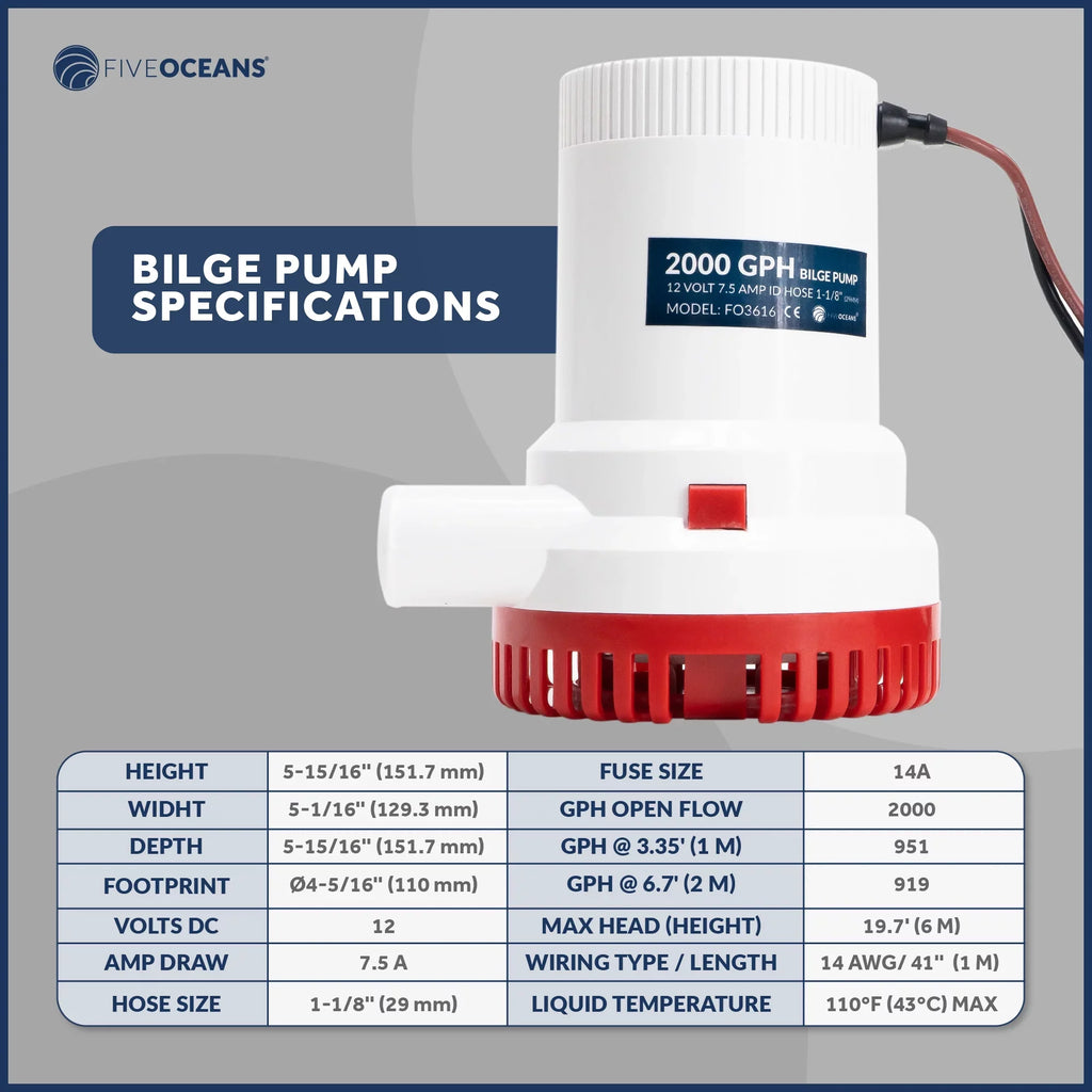 LPH GPH (29mm) Float Oceans Five 7571 Inside / Bilge - Kit, 12-Volts, 2000 Pump 1-1/8-Inch Diameter with Switch FO3616-C2 Automatic Hose, Heavy-Duty