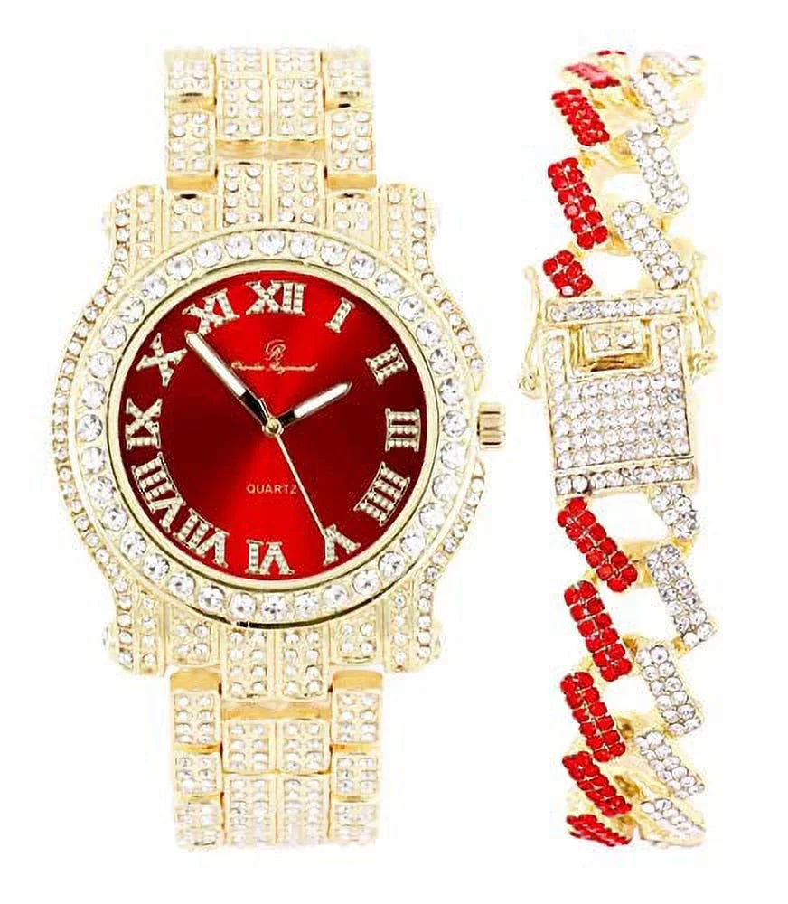 Bling-ed Watch Round Out w/Bling-ed Mens Link Luxury Red Design - Out Bracelet Blood ZZ Gold ZZ Gold L0504RNB