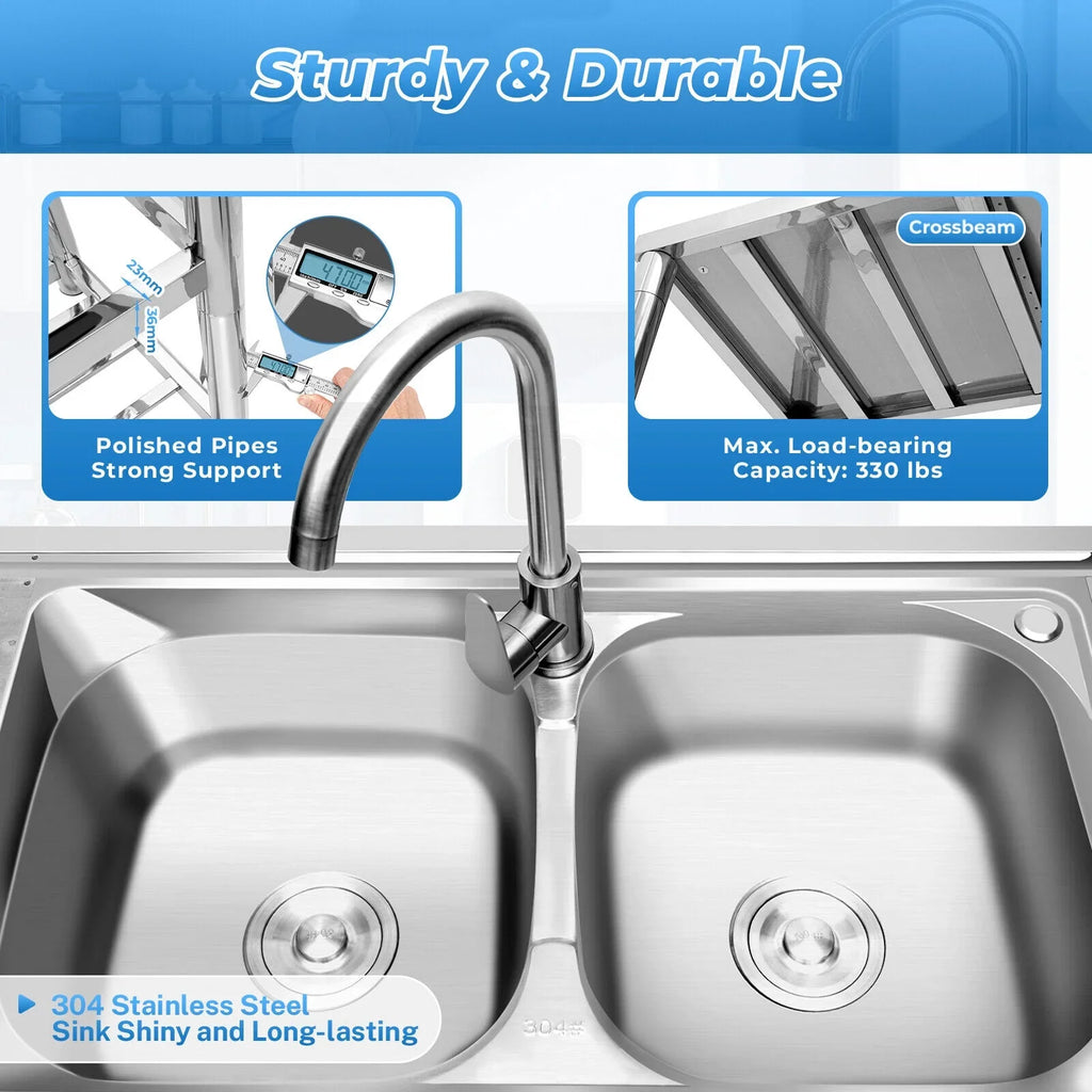 Stainless Utility w/Faucet Bowls Catering Kitchen Catering +Shelf Drainboard Bowl Bowl Sink 2 Prep Sink Kitchen 2 Prep Catering Sink 304 w/ Bowls Home Table Commercial Table Prep Steel Kitchen