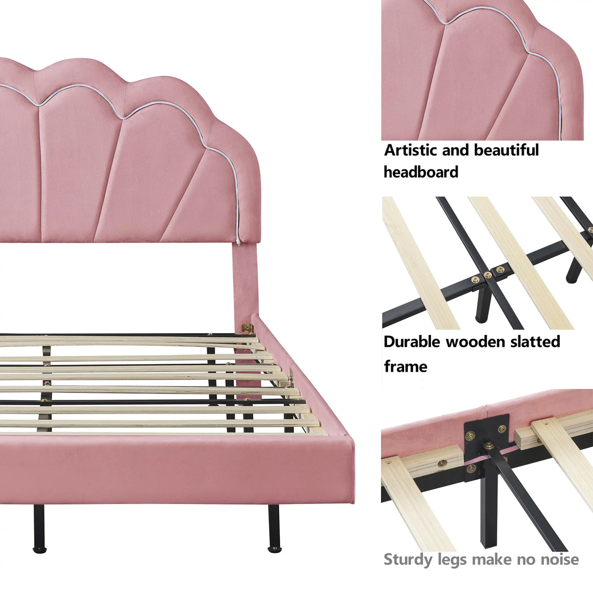 Wooden with Slats Velvet LED Queen Bed with Bed Upholstered Flowers LED Platform Smart CoSoTower Elegant Frame Headboard,Floating Support,Pink