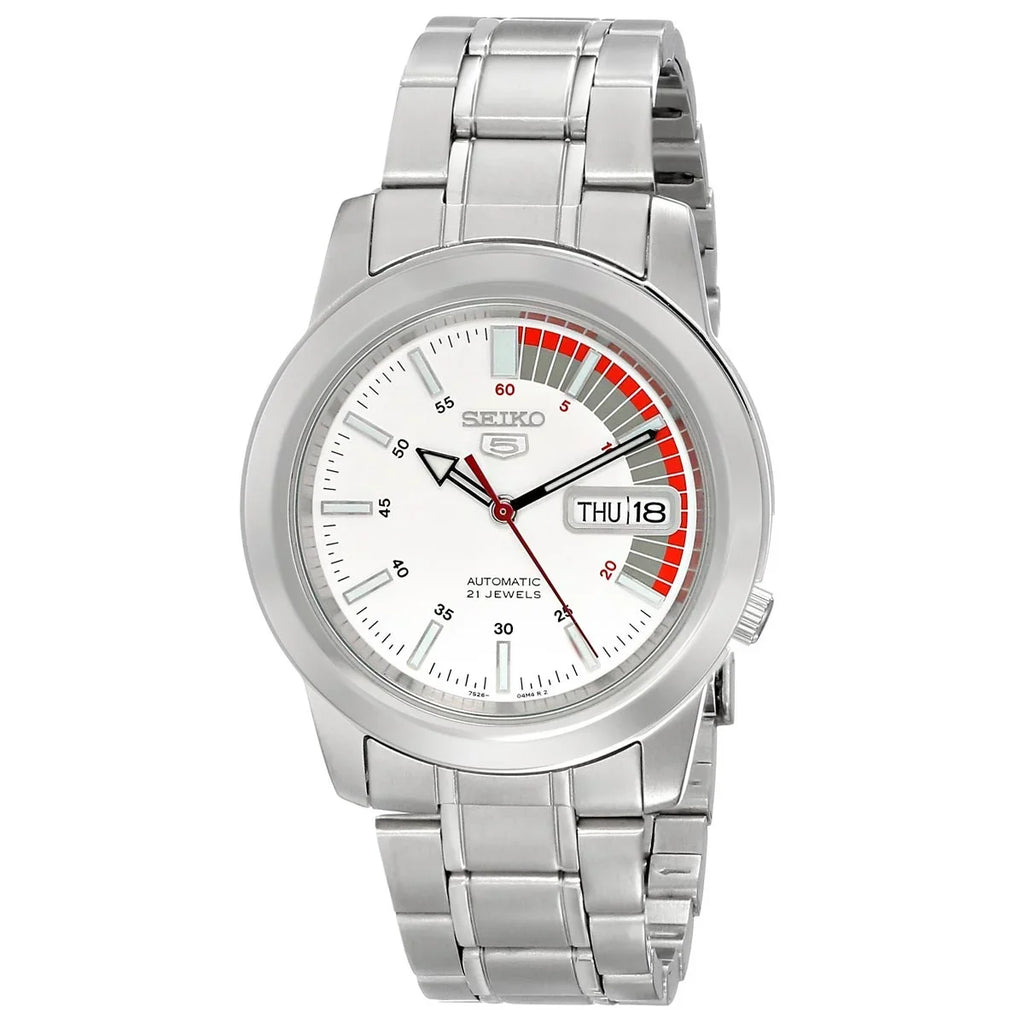 Seiko Stainless Automatic Watch Date SNKK25 Steel Dial Men's Day White 30M