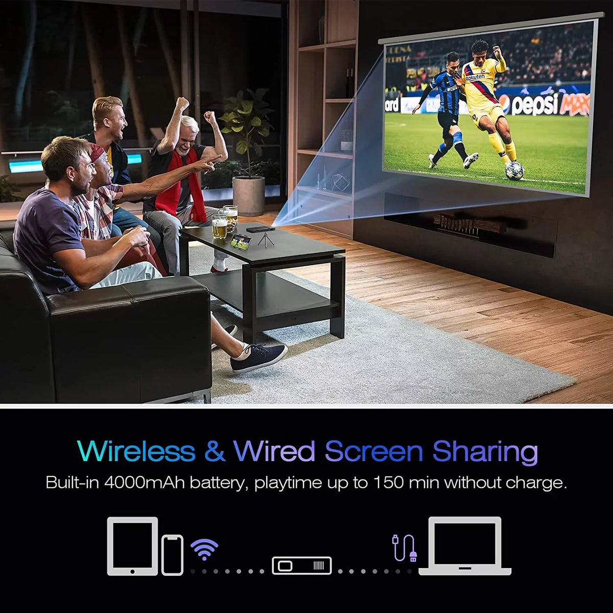 Projector, Built-in AKASO Projector, Portable Support Control Projector Rechargeable Speakers Pocket-Sized HDMI Stereo Cookie DLP Battery WiFI and Mini Projector, 1080P Movie Remote