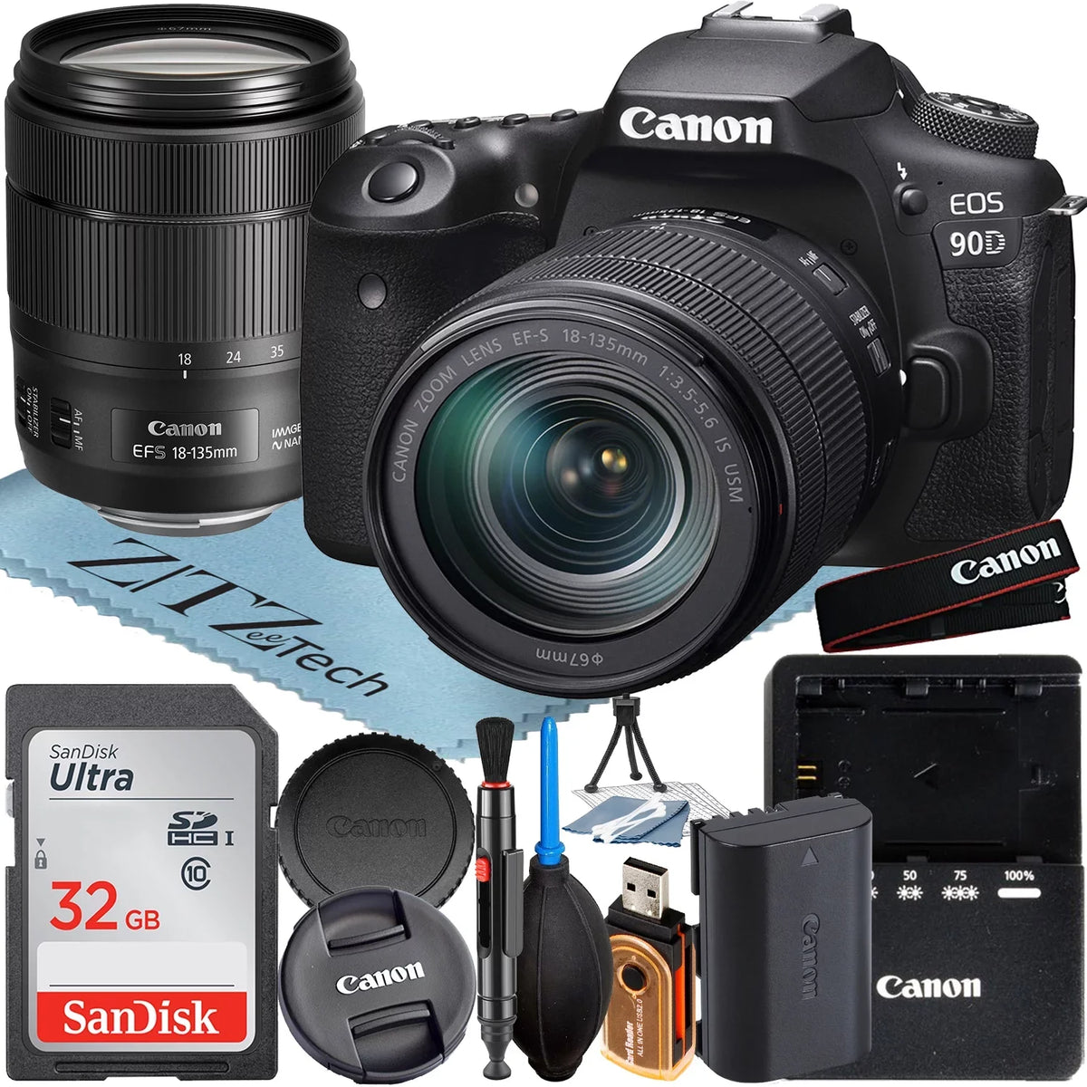 Lens Memory Camera 32GB + Bundle Canon USM Accessory with ZeeTech DSLR IS SanDisk 90D + Card EOS 18-135mm
