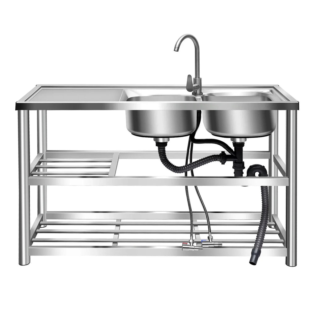 Stainless Utility w/Faucet Bowls Catering Kitchen Catering +Shelf Drainboard Bowl Bowl Sink 2 Prep Sink Kitchen 2 Prep Catering Sink 304 w/ Bowls Home Table Commercial Table Prep Steel Kitchen