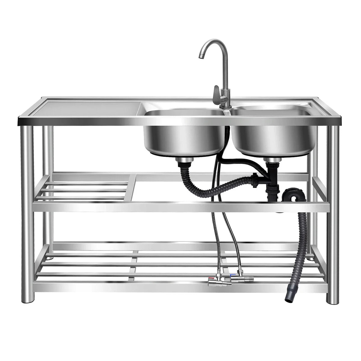 Stainless Utility w/Faucet Bowls Catering Kitchen Catering +Shelf Drainboard Bowl Bowl Sink 2 Prep Sink Kitchen 2 Prep Catering Sink 304 w/ Bowls Home Table Commercial Table Prep Steel Kitchen