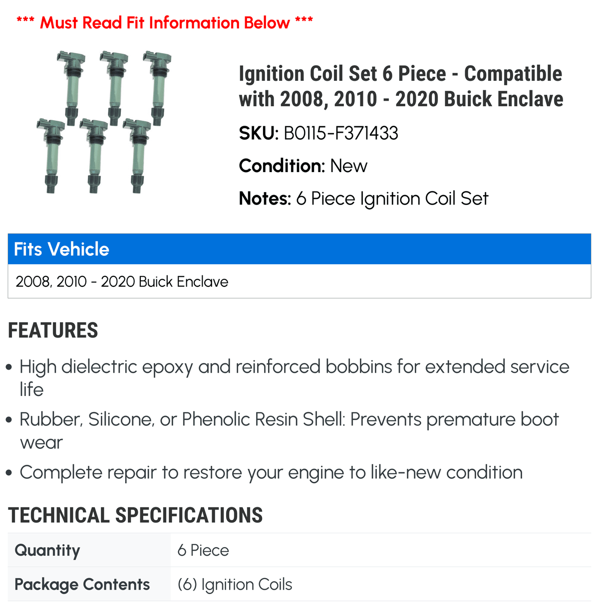 Enclave 2014 2010 2016 with 6 2015 2008, Set Ignition 2013 Piece 2011 2017 - 2019 2012 - Compatible 2018 2020 Buick Coil