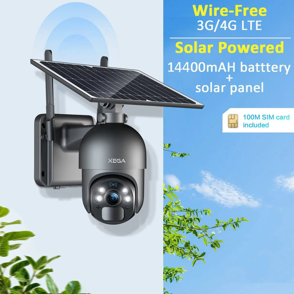 2-Way Need No Talk, Wireless 2K Zoom, Battery, 14400mAh Solar/Battery Pan Card, Tilt, 95° Camera Security Cellular IP66, Wifi 355° Xega Vision, LTE Rechargeable Power with 3G/4G 4X Night SIM exterior